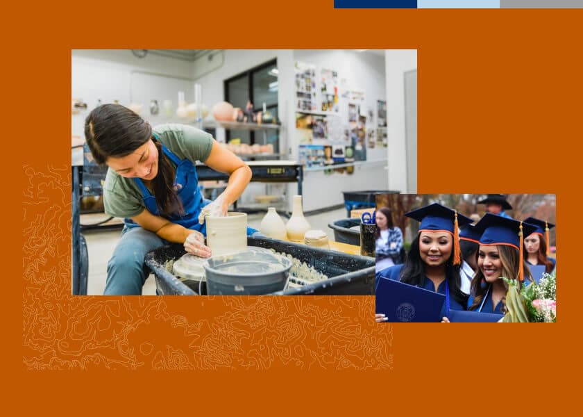 A woman shapes clay on a pottery wheel; graduates in caps and gowns smile and hold diplomas.